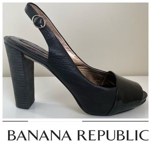 Peep-Toe Leather Slingback Heel with Patent Detail, Black, 9.5, Banana Republic